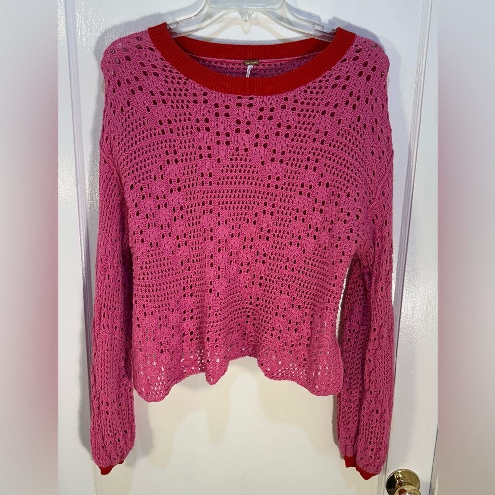 Free People Women' XS Home Run 100% Cotton Pink Crochet Crop Top Long Sleeve
